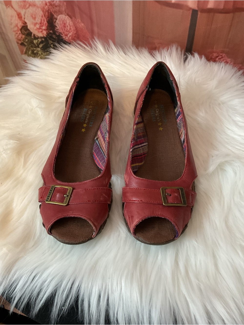 Skechers Women's Red Peep-Toe Leather Flats with Buckle Accent